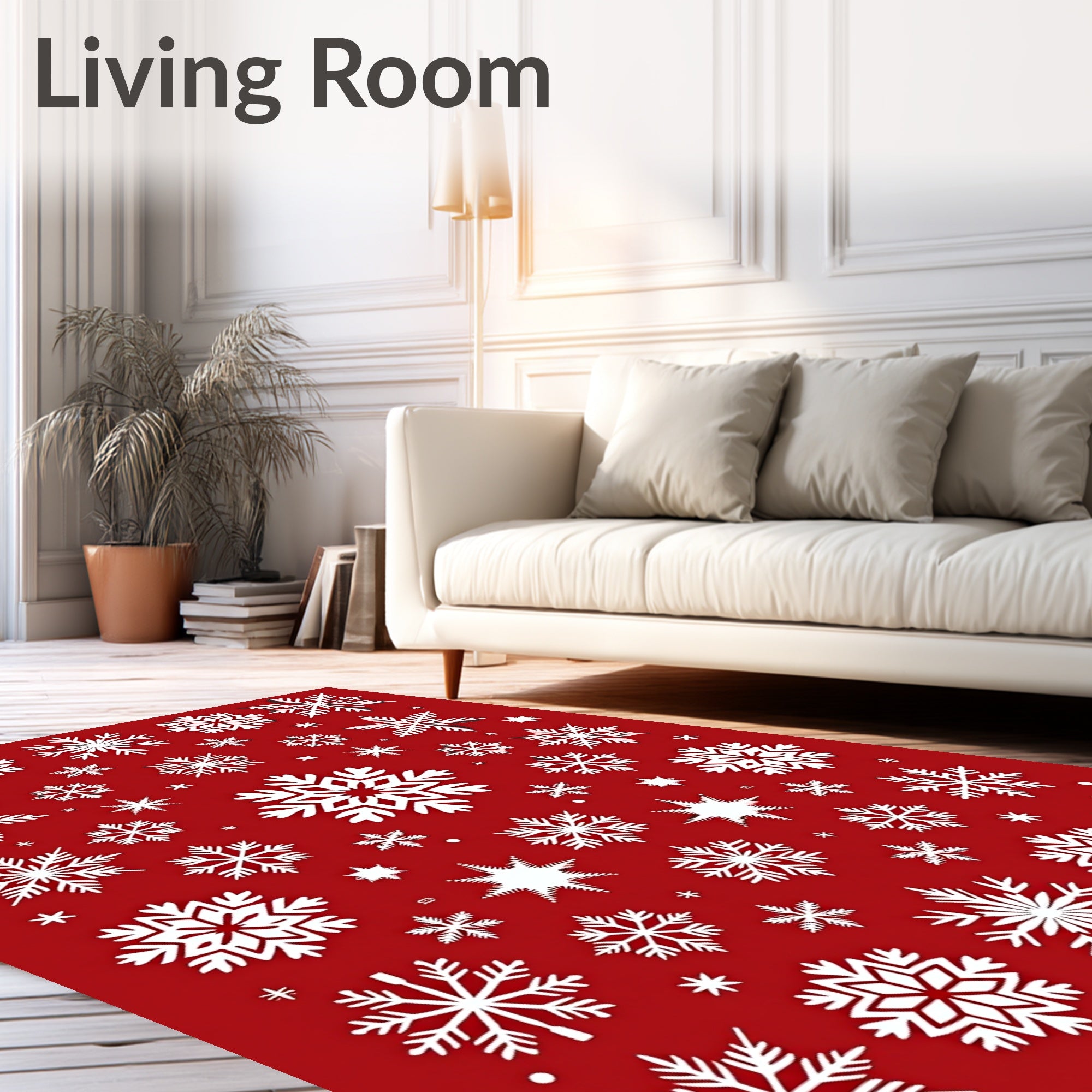 White Snowflakes Patterned Red Rug