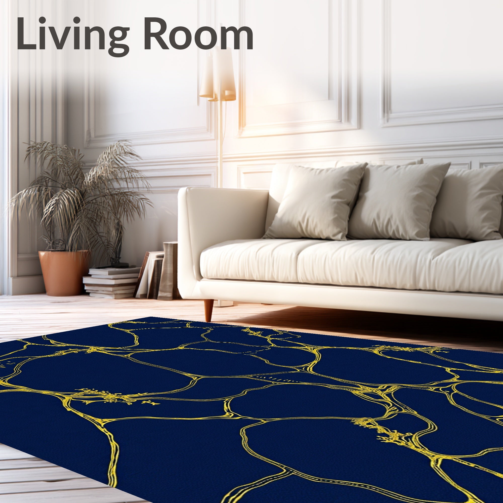 Deep Blue Gold Organic Vein Pattern Rug