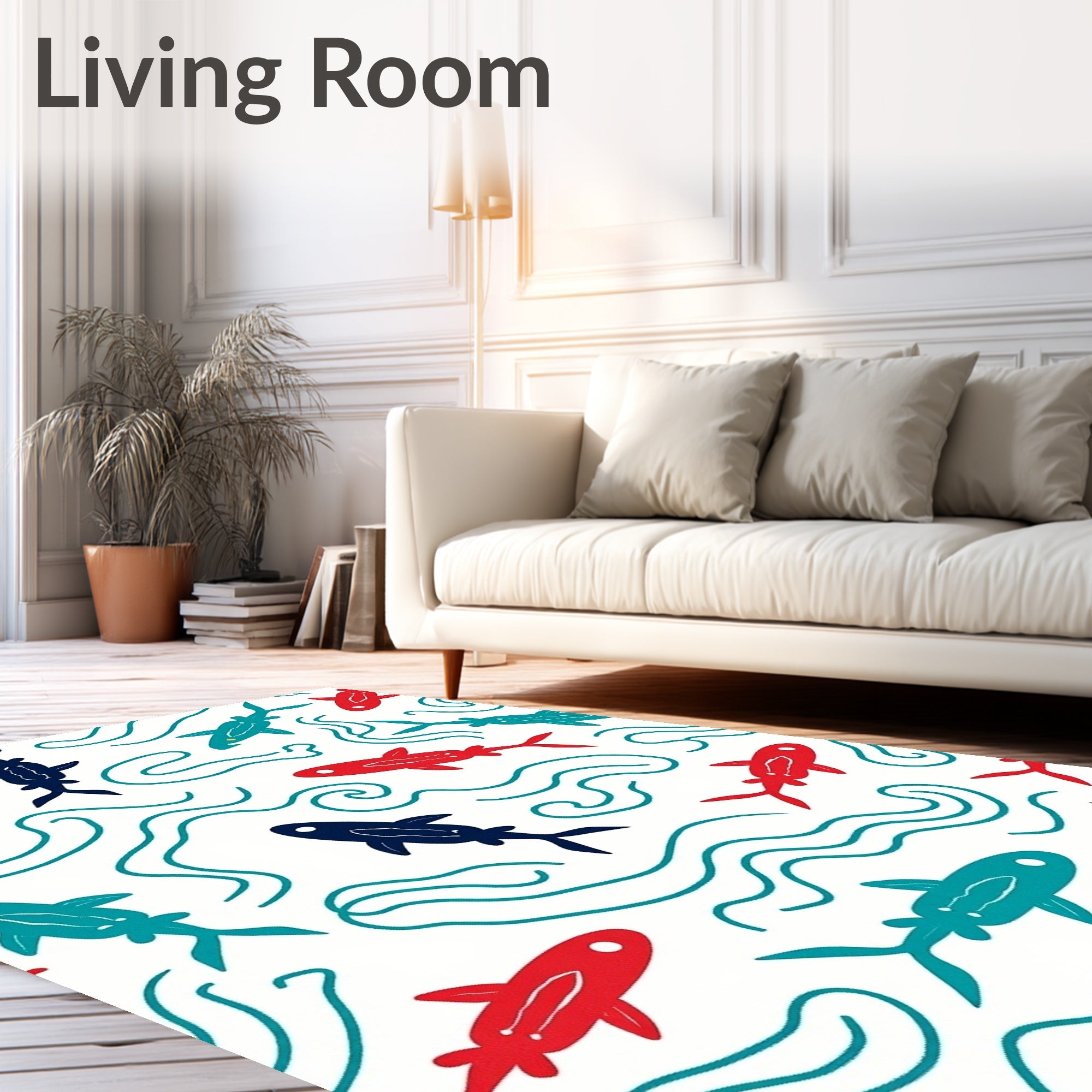Colorful Fish and Waves Pattern Rug