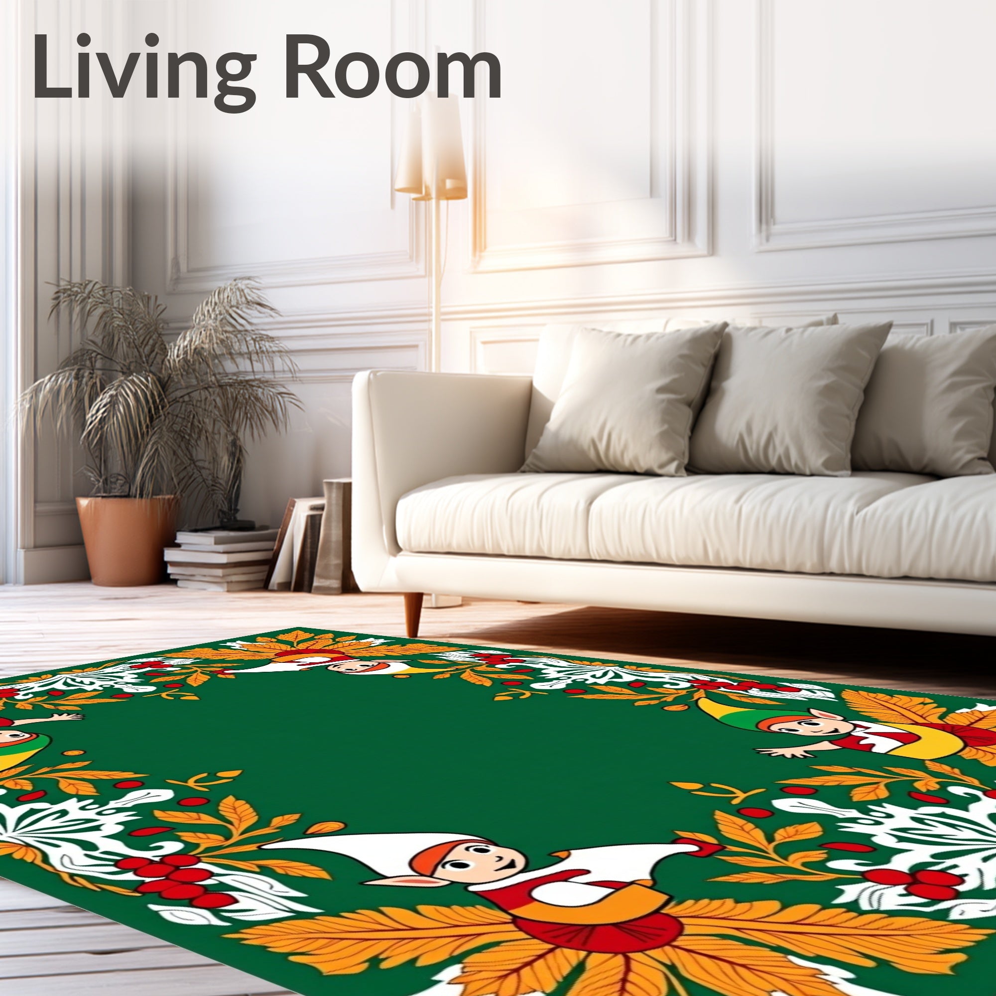 Whimsical Elf Floral Border Green Rug