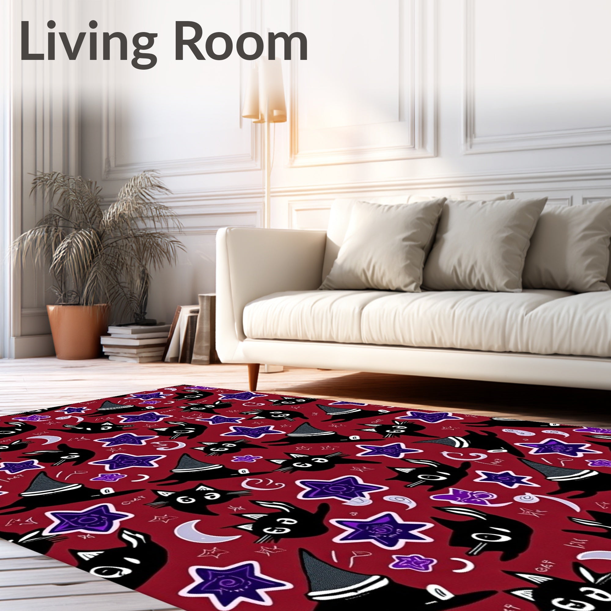 Whimsical Black Cats Stars Pattern Rug