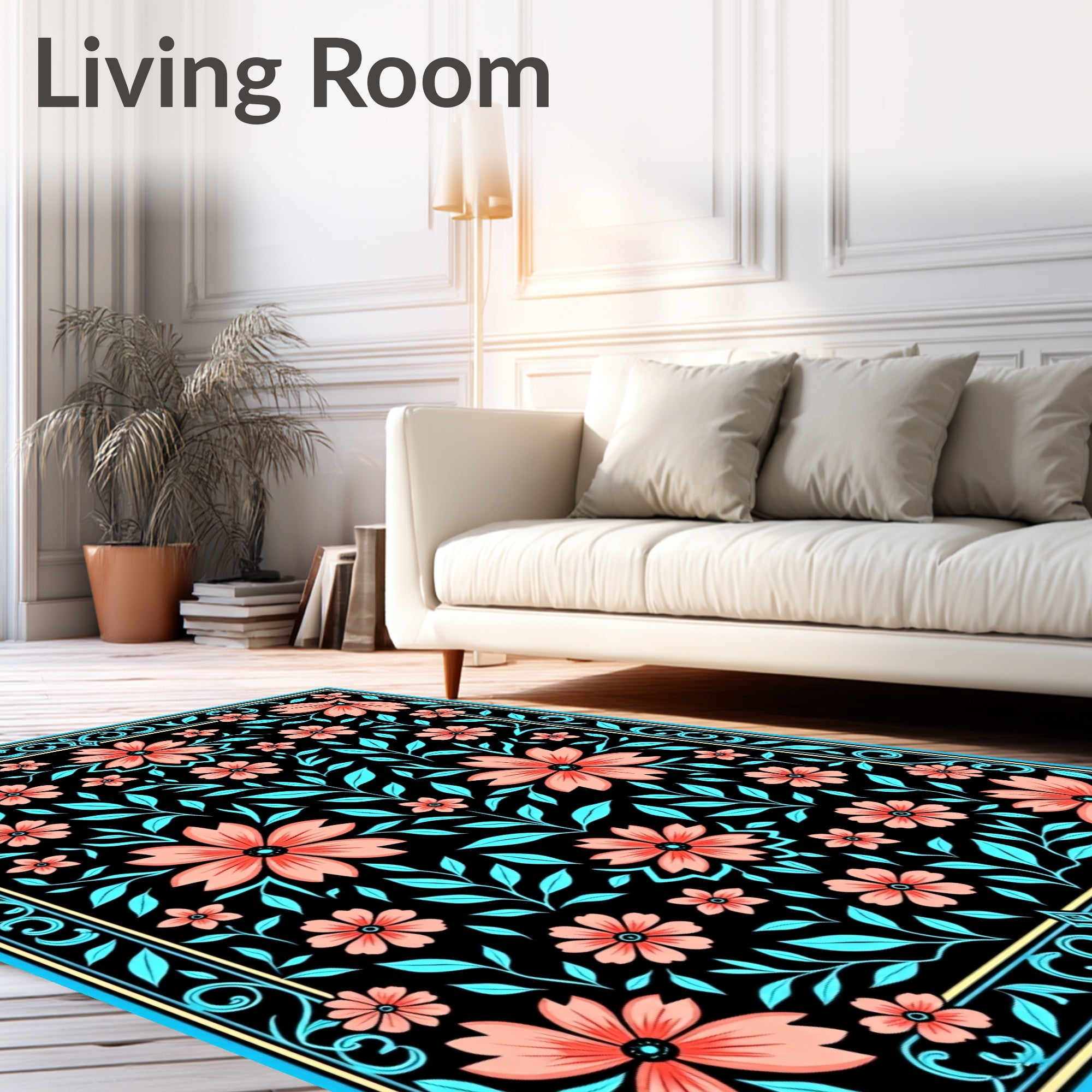 Coral Floral Design With Teal Leaves Rug