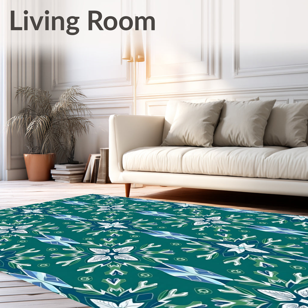 Teal White Blue Floral Medallion Rug