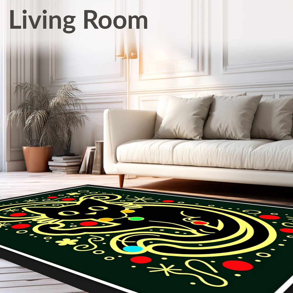 Whimsical Black Cat Red Dot Pattern Rug