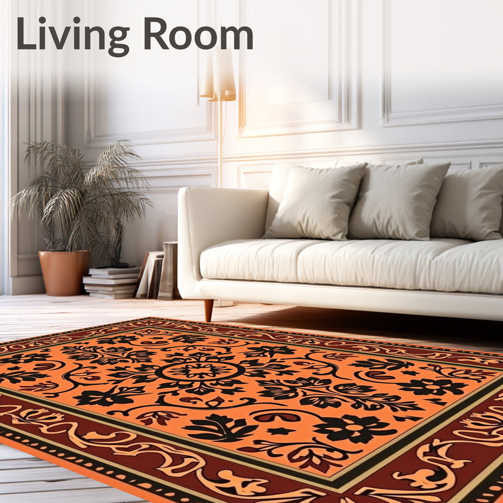 Vibrant Orange Black Floral Border Pattern Rug