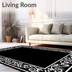 Ornate Black White Scrollwork Border Design Rug