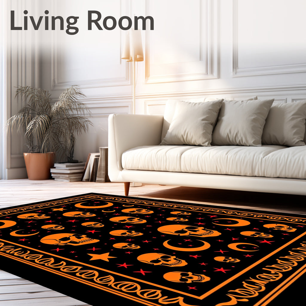 Orange Skull And Moon Pattern Rug
