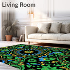 Vibrant Black Green Floral Mandala Rug