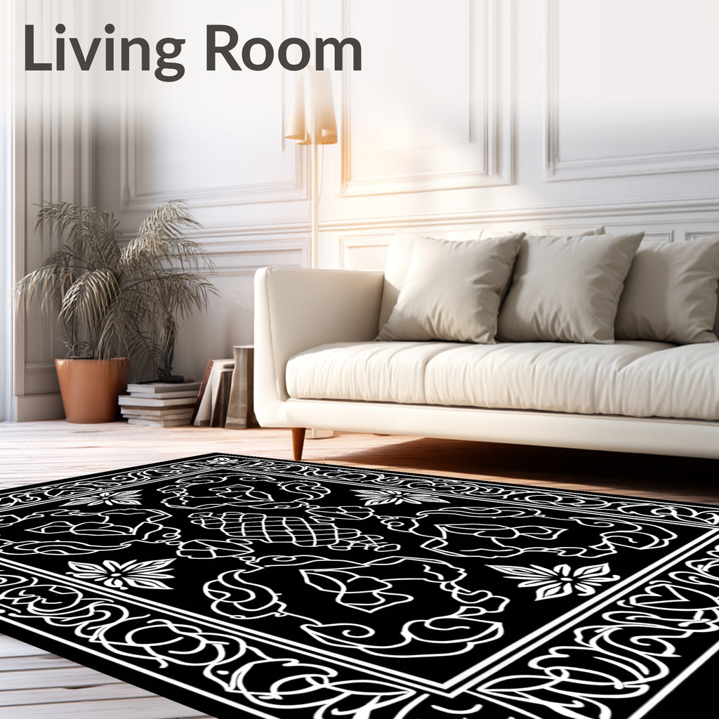 Black White Intricate Floral Scroll Rug