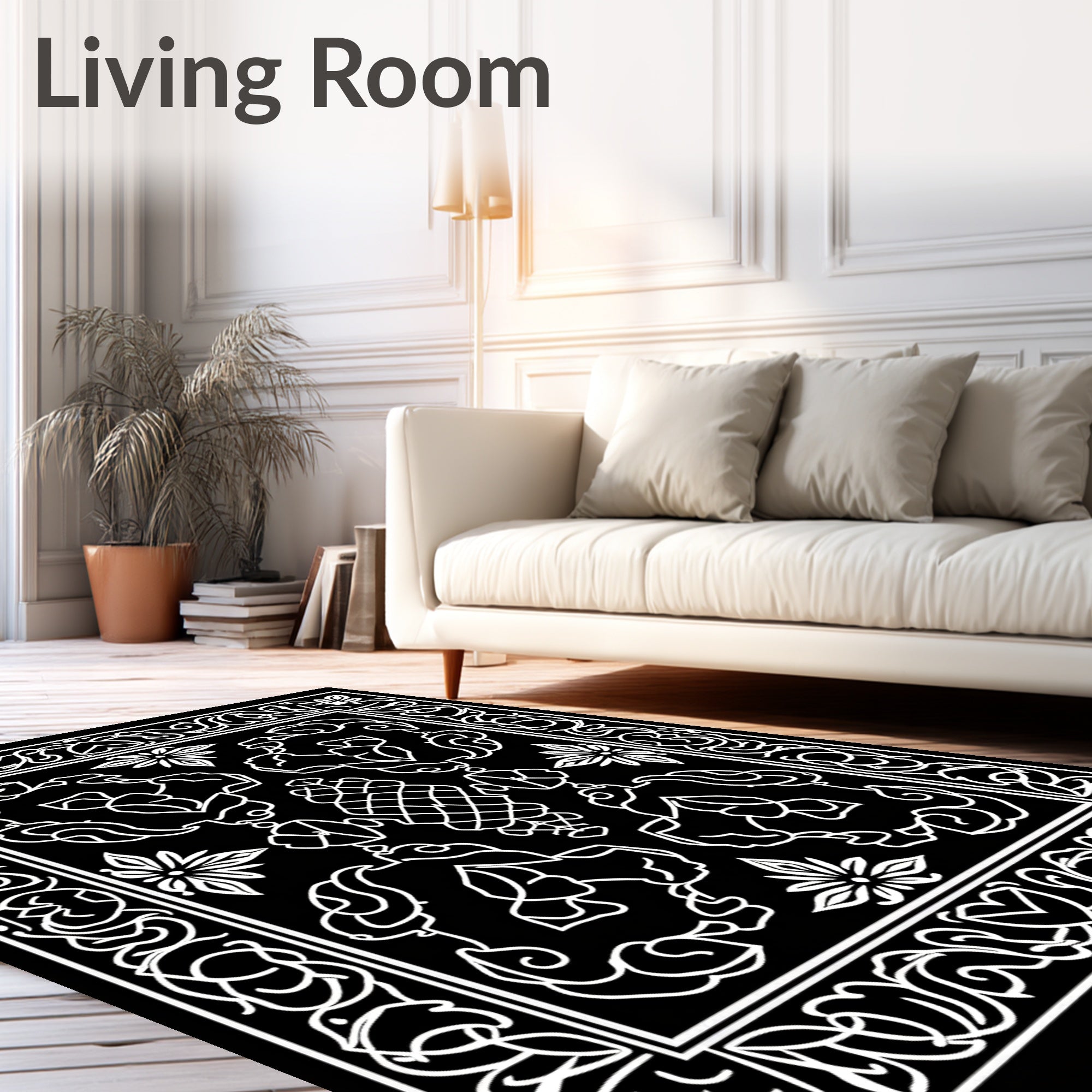 Black White Intricate Floral Scroll Rug