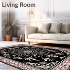 Black Cream Burgundy Floral Medallion Rug