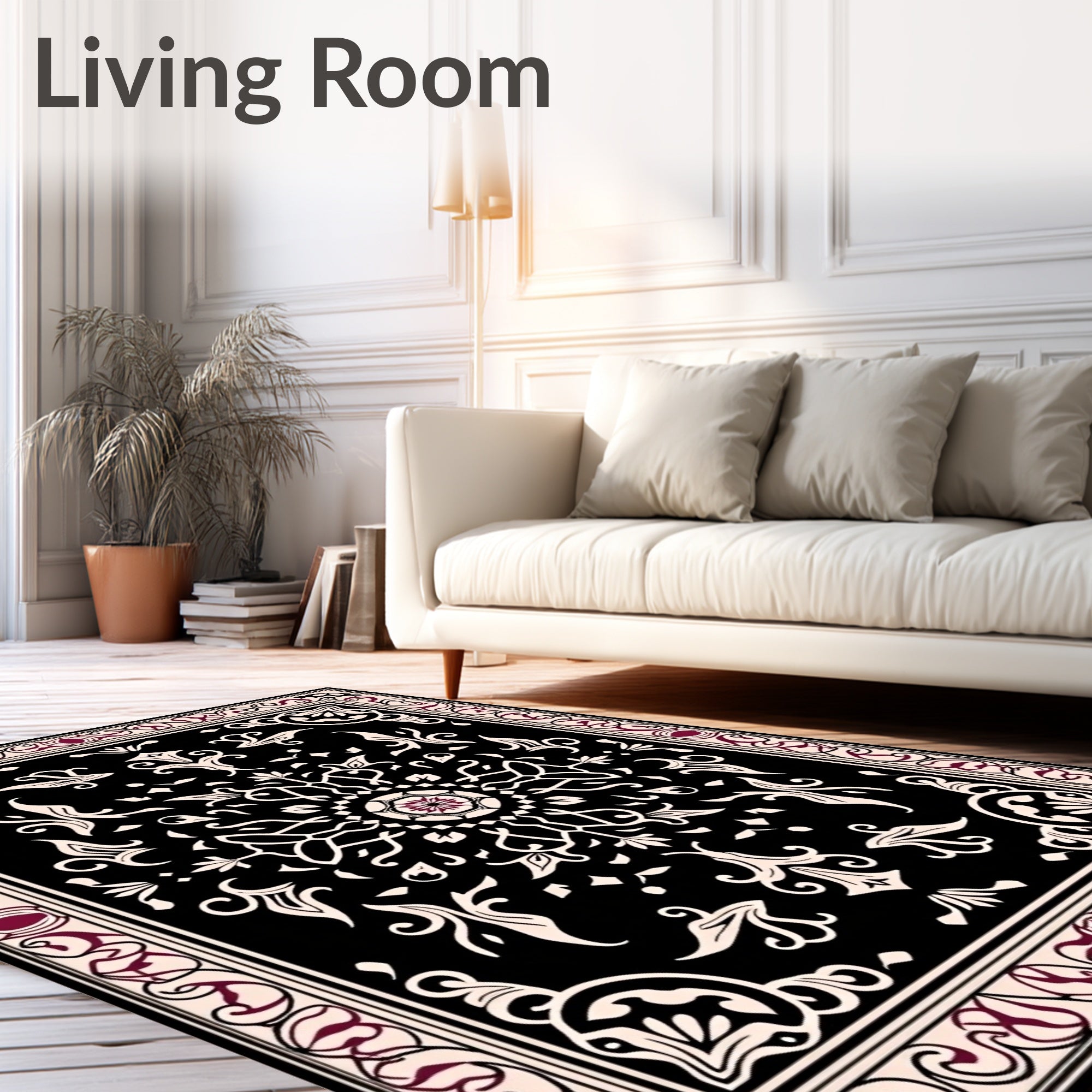 Black Cream Burgundy Floral Medallion Rug