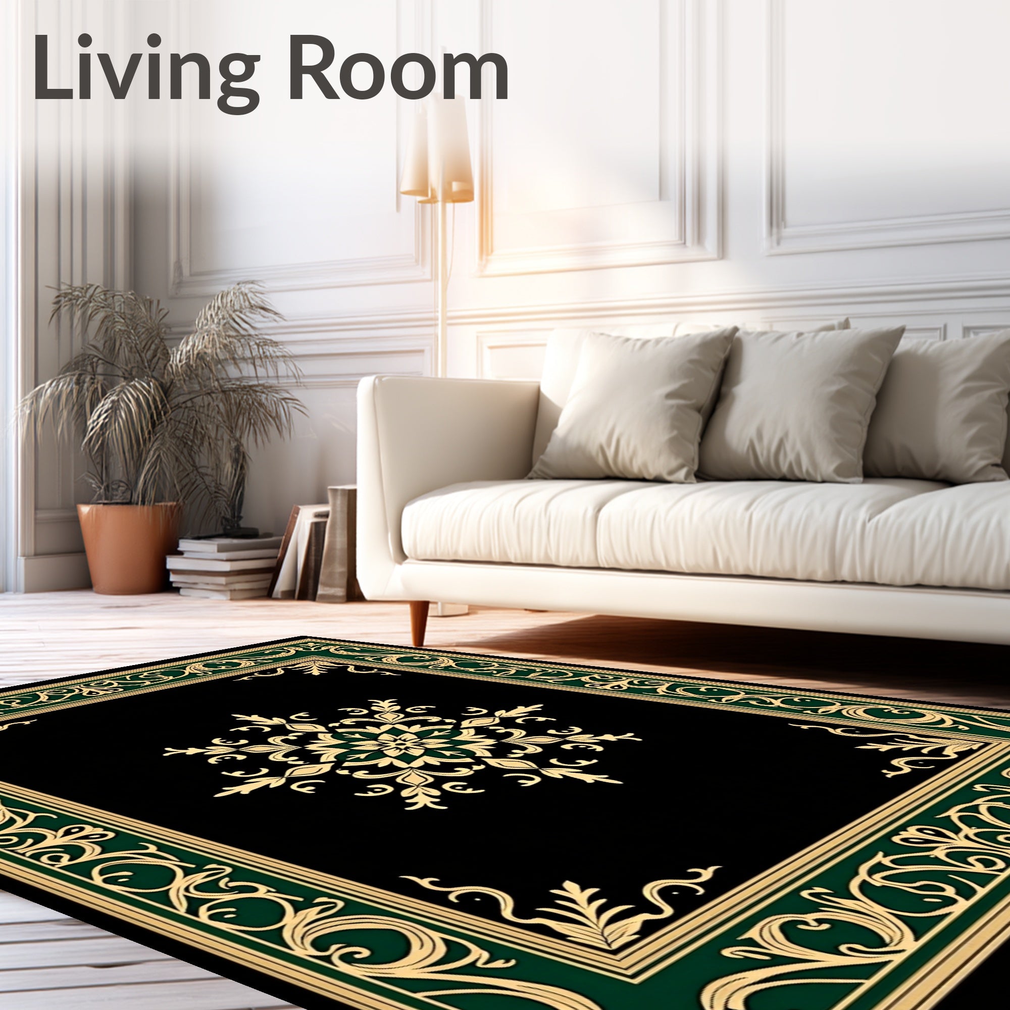 Golden Leaf Scroll Border Design Rug