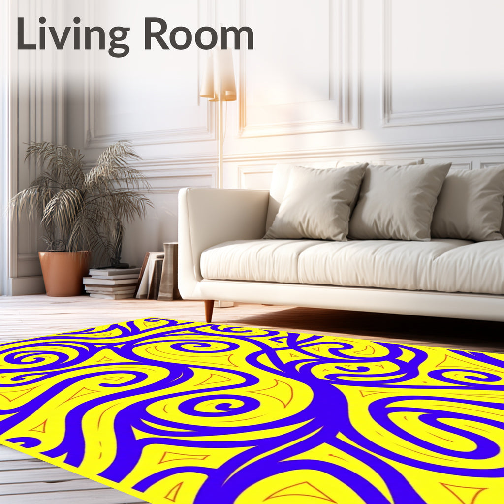Vibrant Blue Swirls and Yellow Triangles Rug