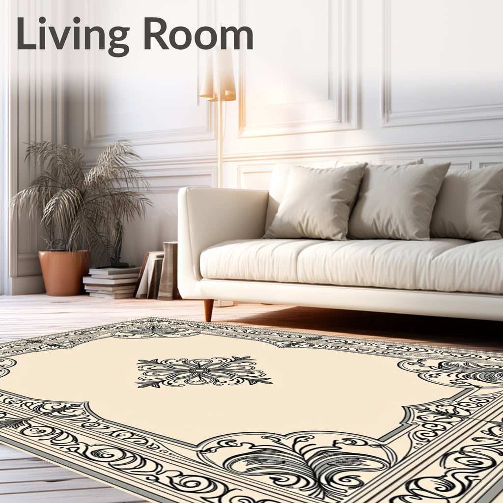 Elegant Black Cream Floral Scroll Rug