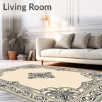 Elegant Black Cream Floral Scroll Rug