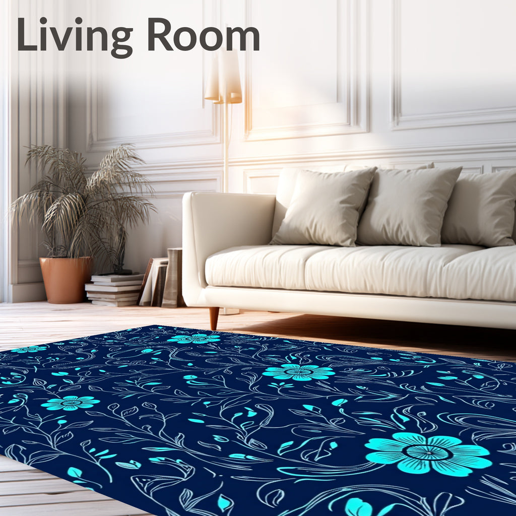 Navy Cyan Floral Vine Pattern Rug