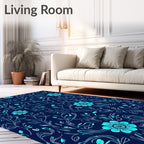 Navy Cyan Floral Vine Pattern Rug