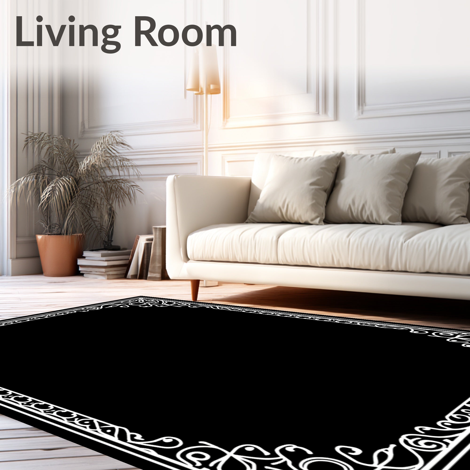 Ornate White Scroll Border Design Rug