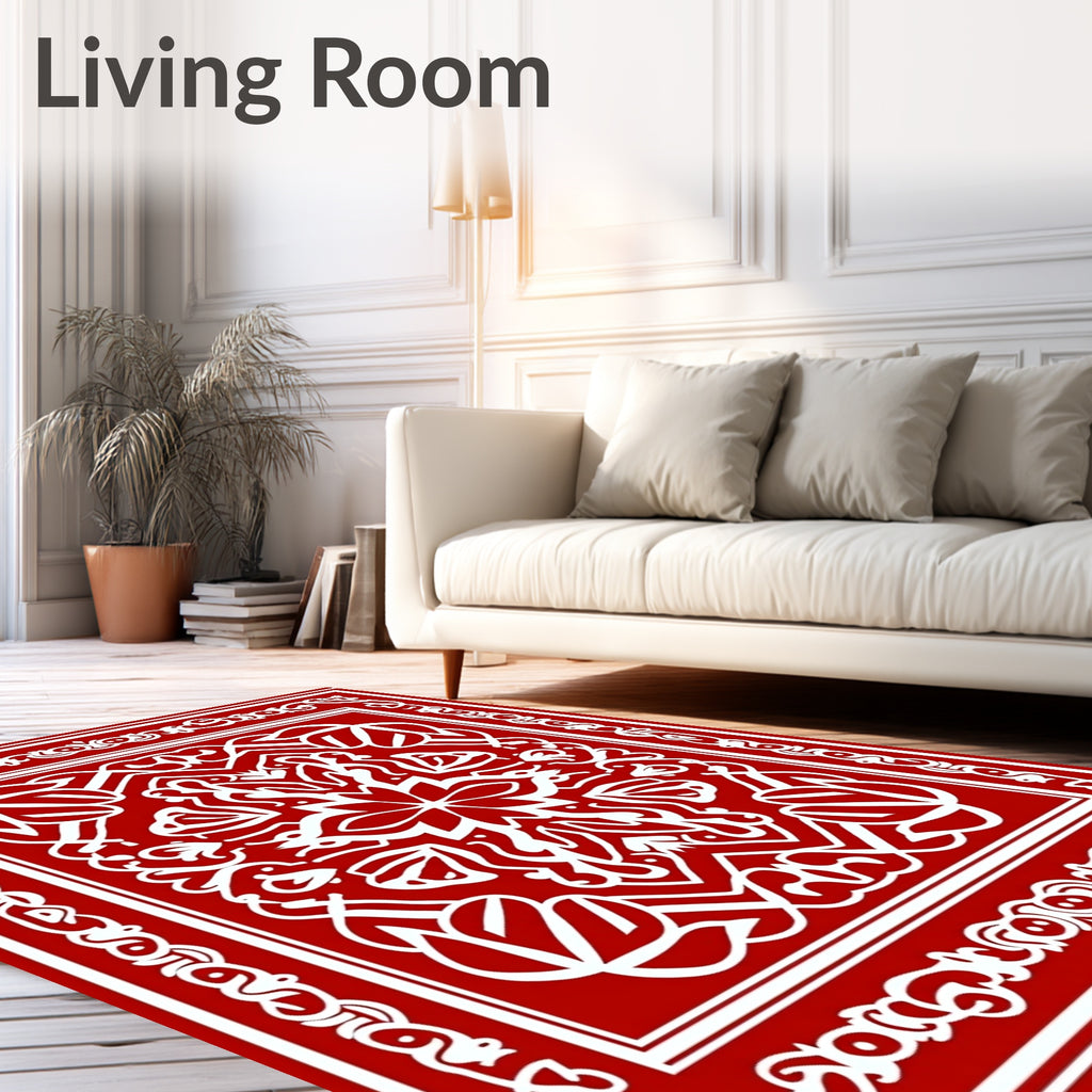 Intricate White Floral Red Pattern Rug