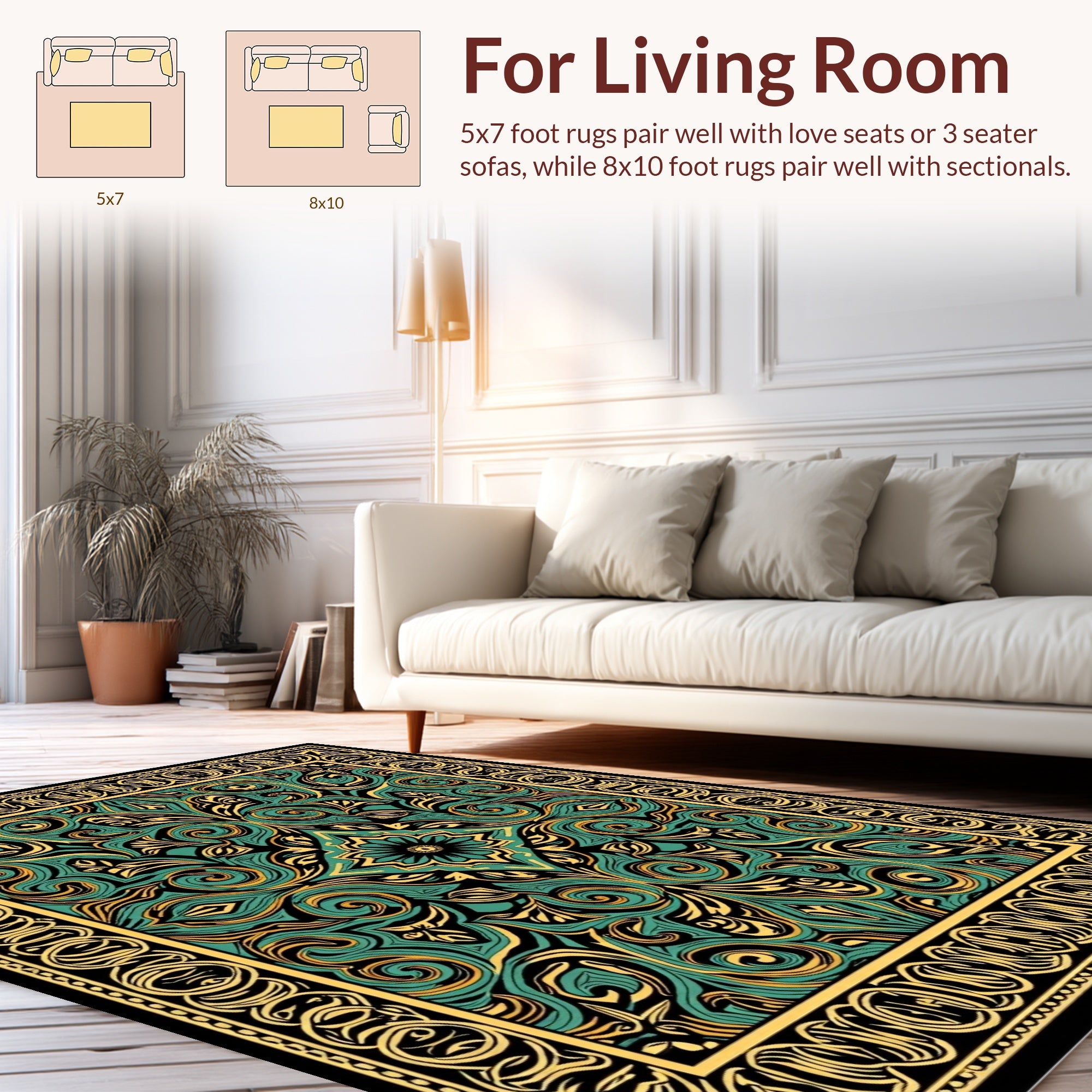Emerald Gold Intricate Floral Pattern Rug
