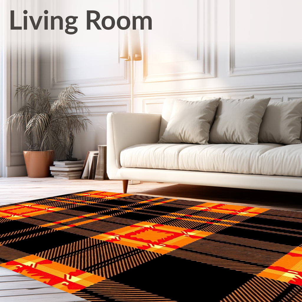Bold Orange Red Black Plaid Design Rug