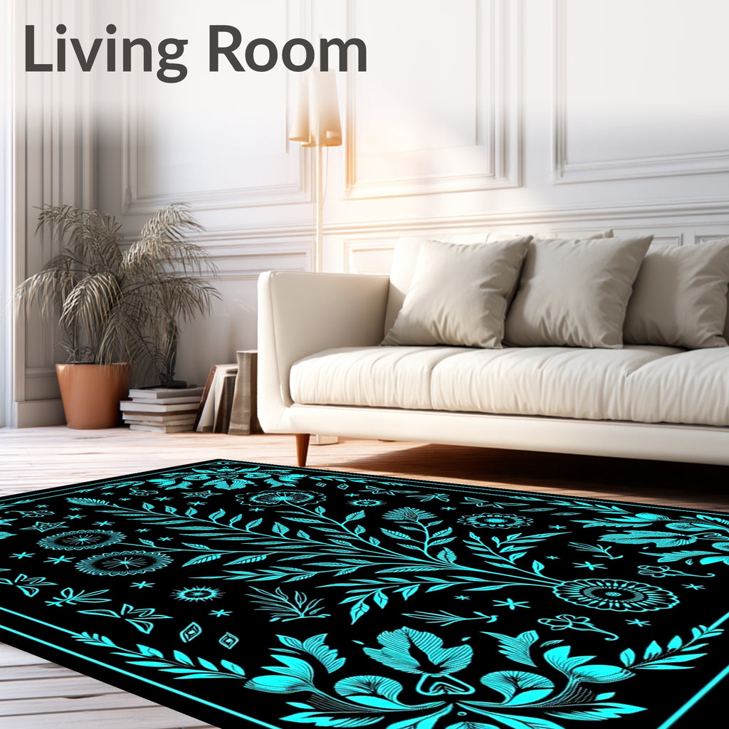Turquoise Floral Tree Mandala Art Rug