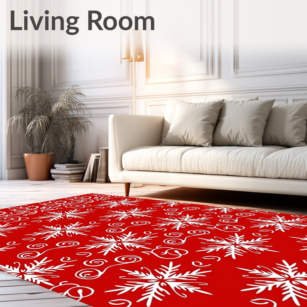 Red White Snowflake Patterned Design Rug