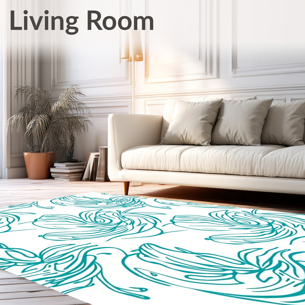Turquoise Floral Continuous Line Pattern Rug