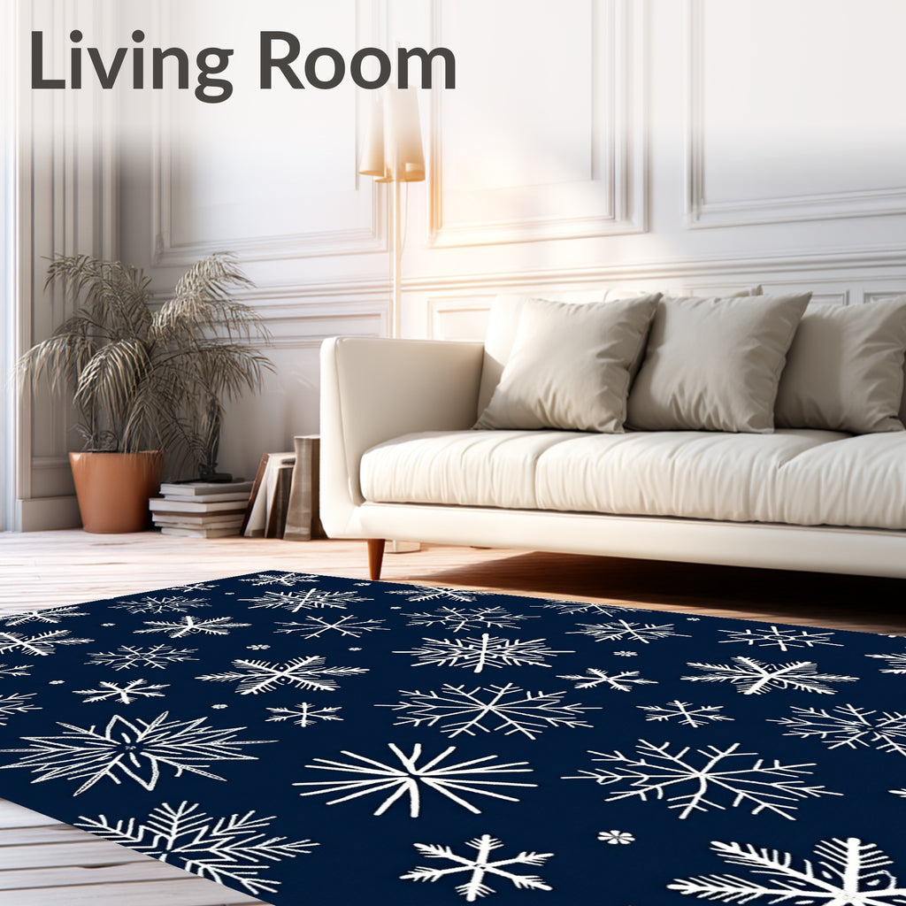 White Snowflake Pattern on Navy Background Rug