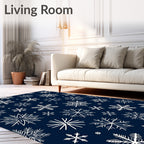 White Snowflake Pattern on Navy Background Rug