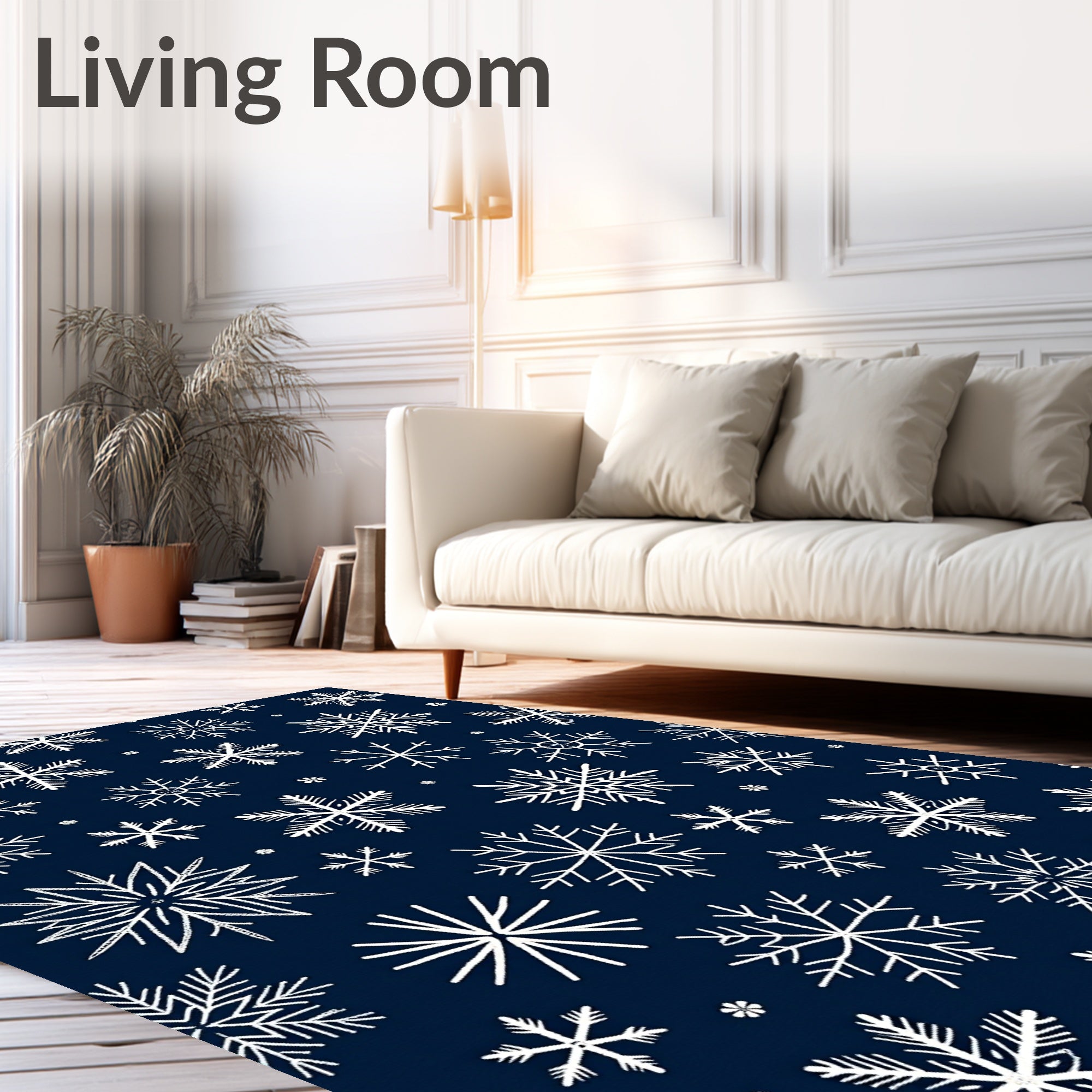 White Snowflake Pattern on Navy Background Rug