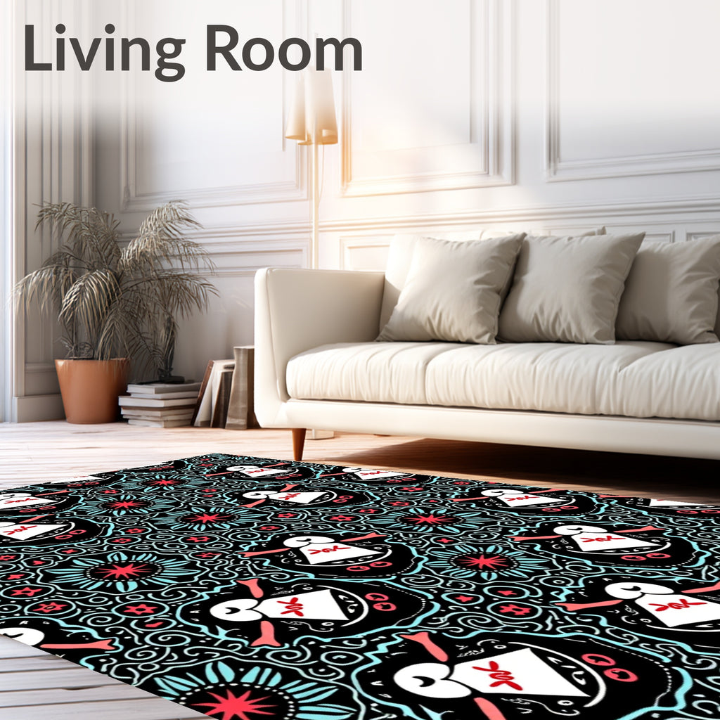 Whimsical Black Teal Figures Floral Rug