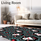 Whimsical Black Teal Figures Floral Rug