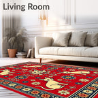 Red Floral Cat Patterned Design Rug