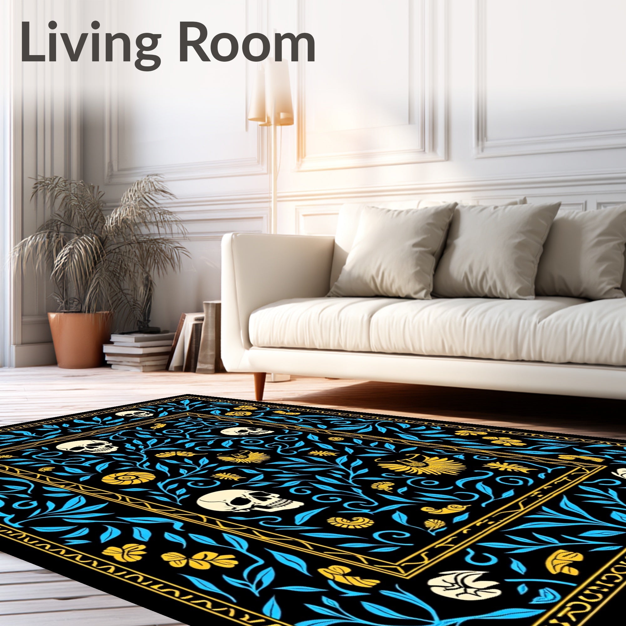 Midnight Black Skull Floral Accent Rug