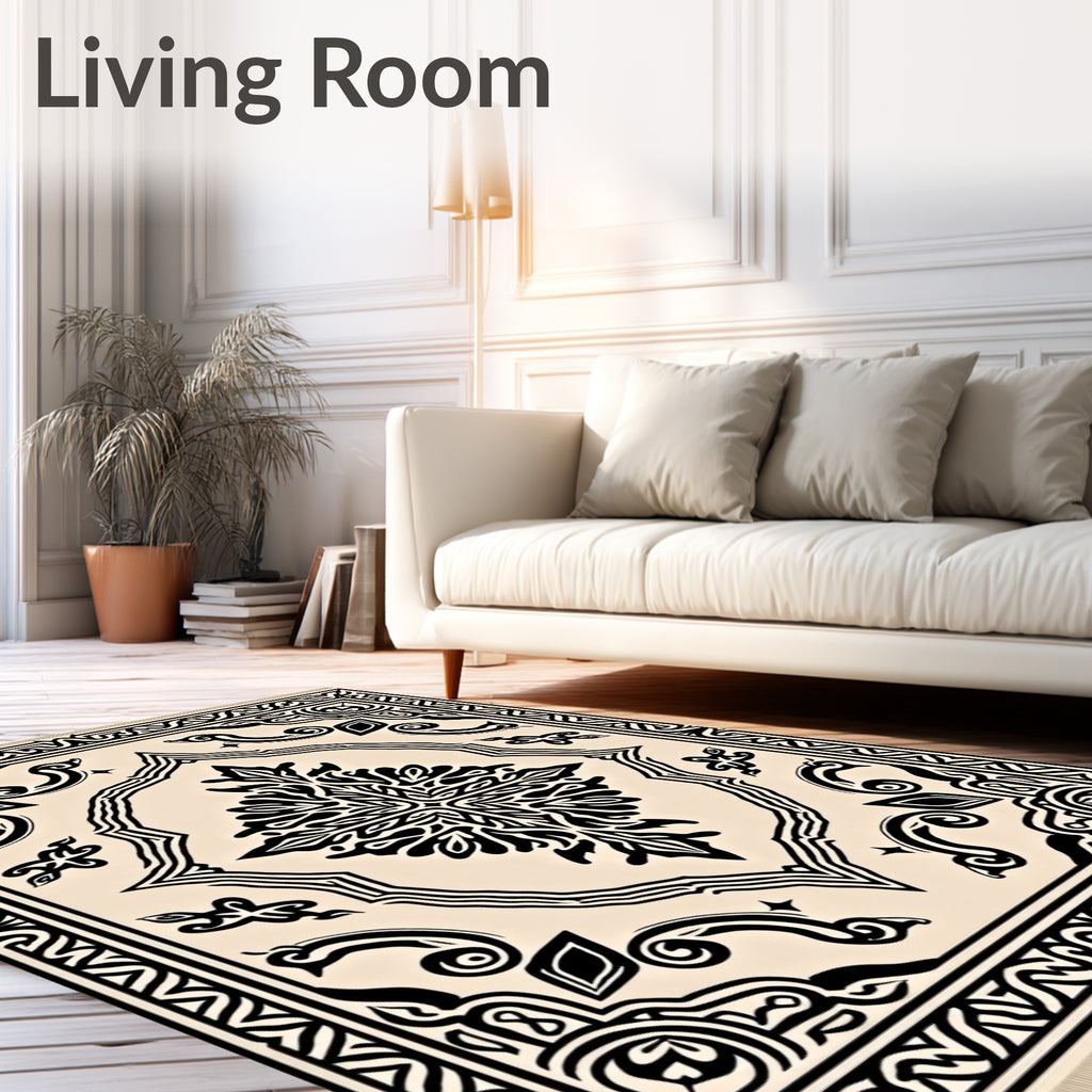 Cream and Black Ornate Scroll Medallion Rug