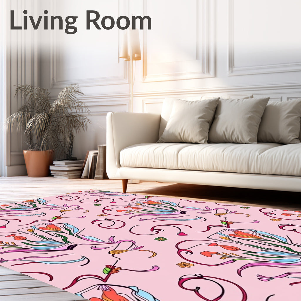 Pink Floral Whimsical Outline Pattern Rug
