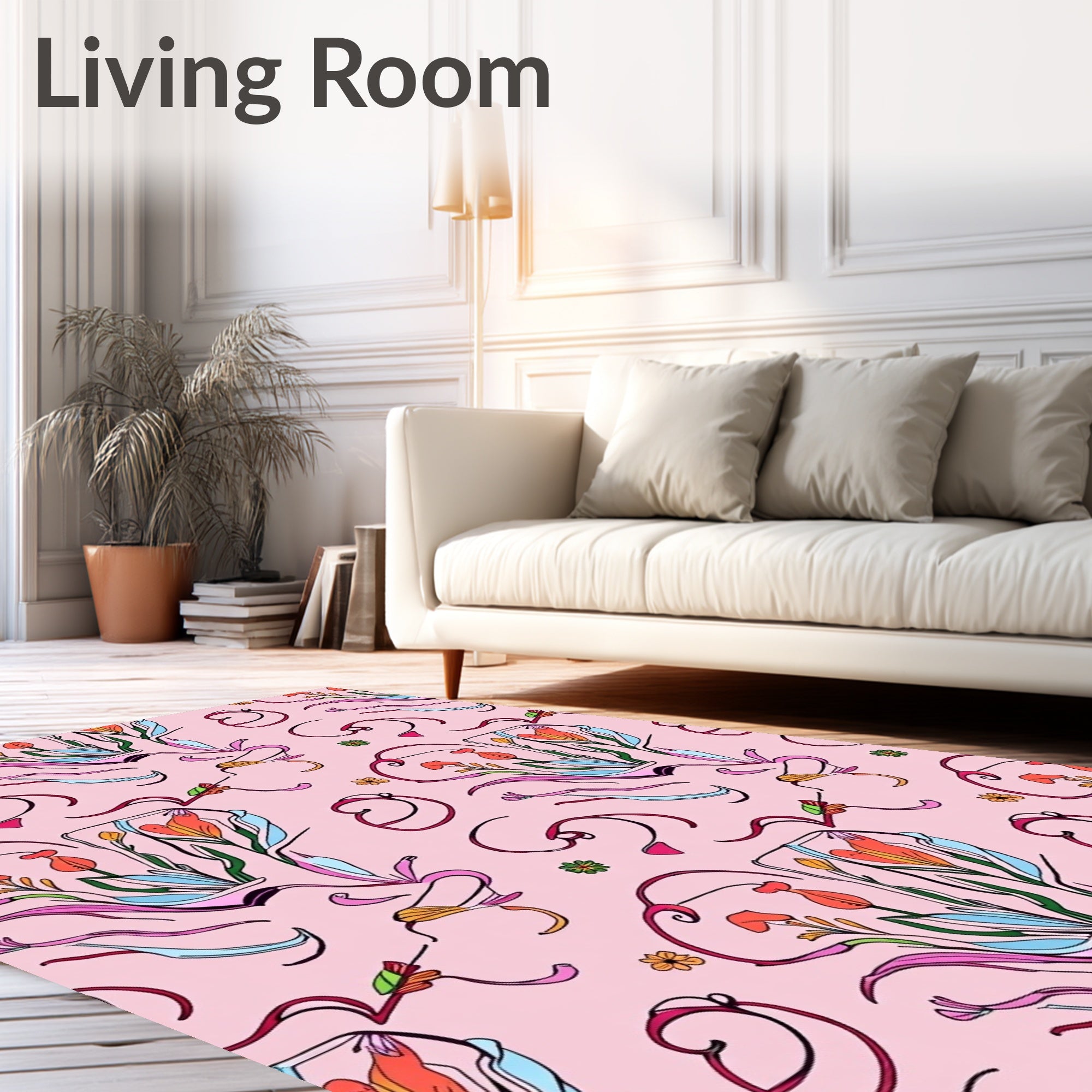 Pink Floral Whimsical Outline Pattern Rug