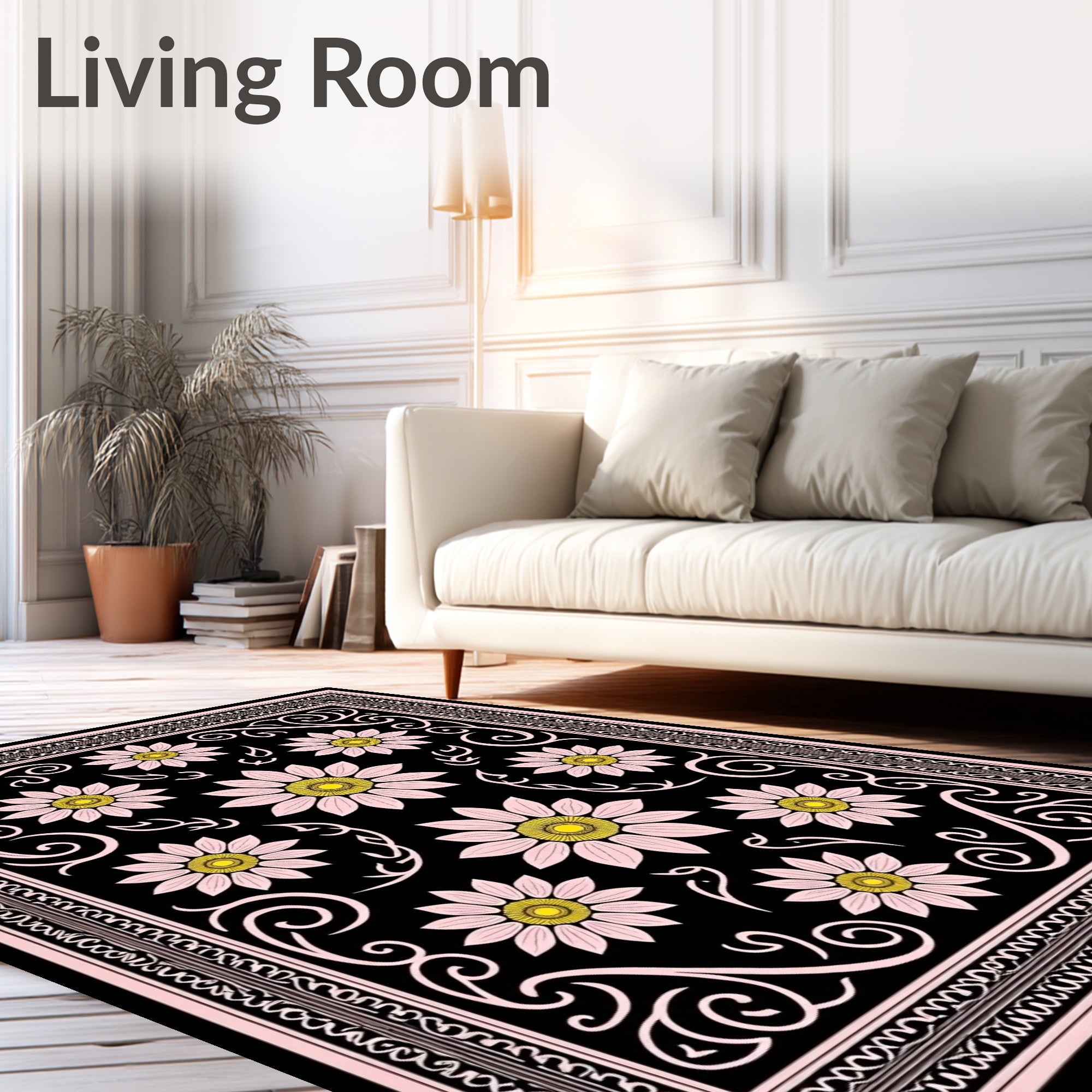 Pink Daisy Floral Scroll Design Rug