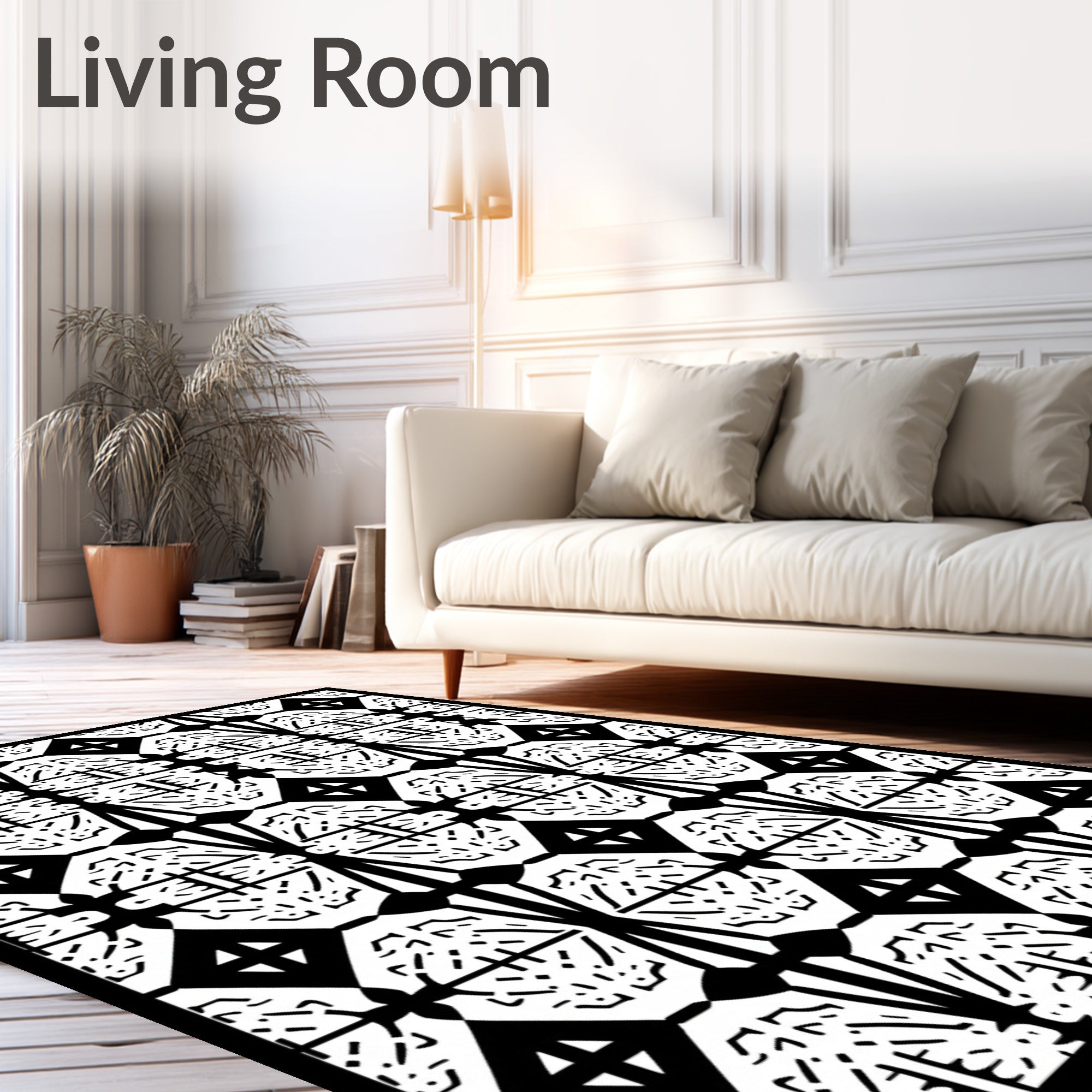 Striking Black White Geometric Motif Rug