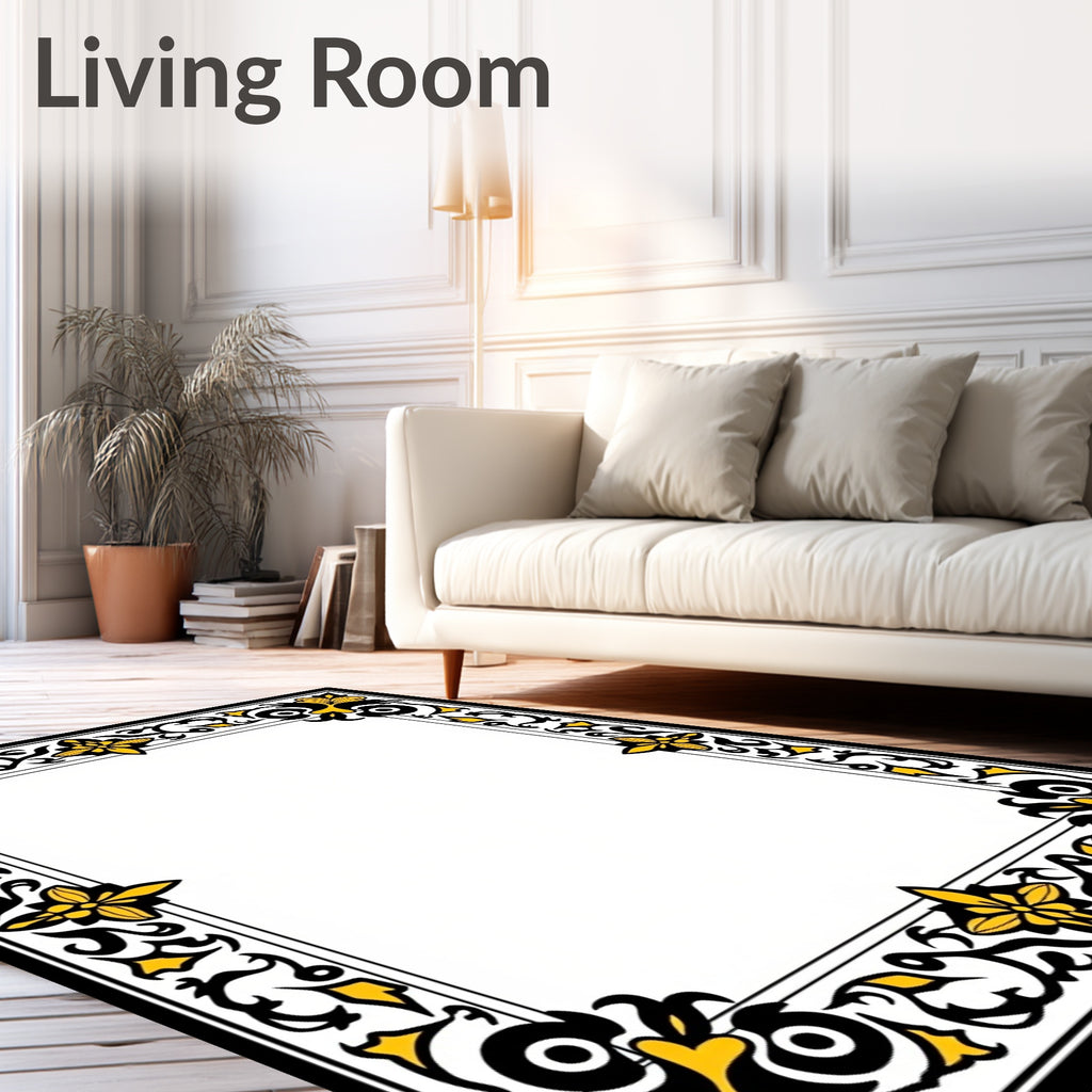 Black Yellow Floral Scroll Border Rug