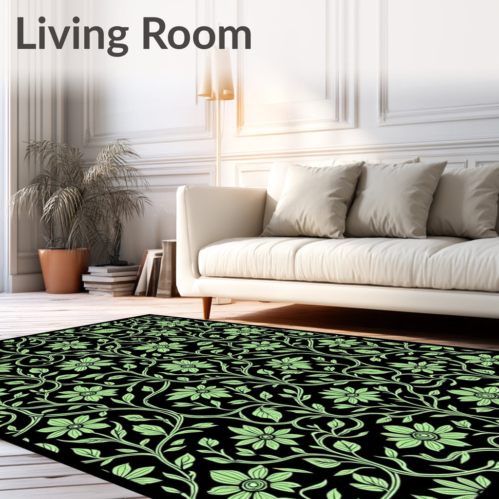 Green Floral Vine Patterned Design Rug