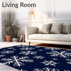 White Snowflake Patterned Navy Rug