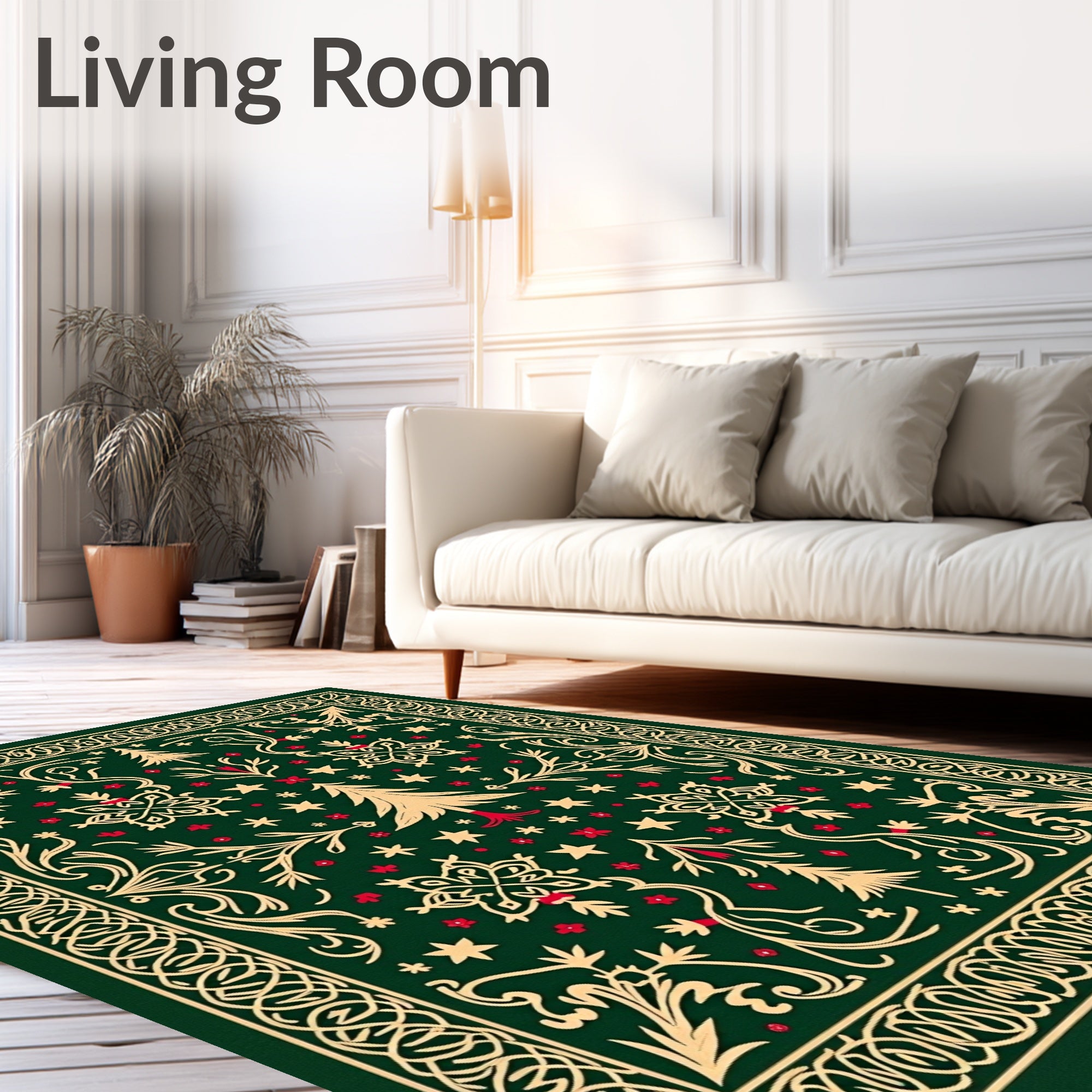 Festive Green Floral Tree Pattern Rug
