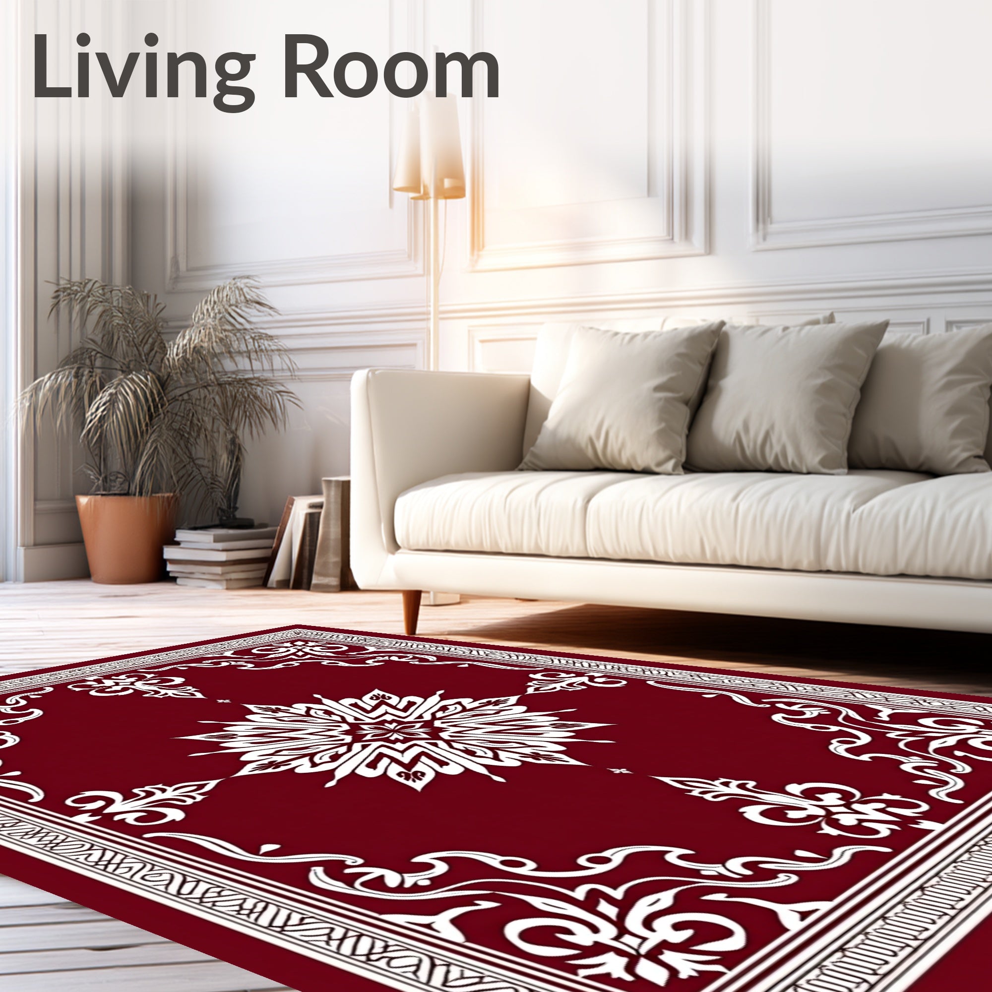Ornate Burgundy White Floral Design Rug
