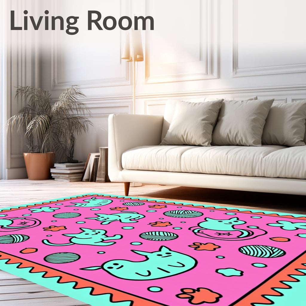 Whimsical Teal 5 Cats Pattern Rug