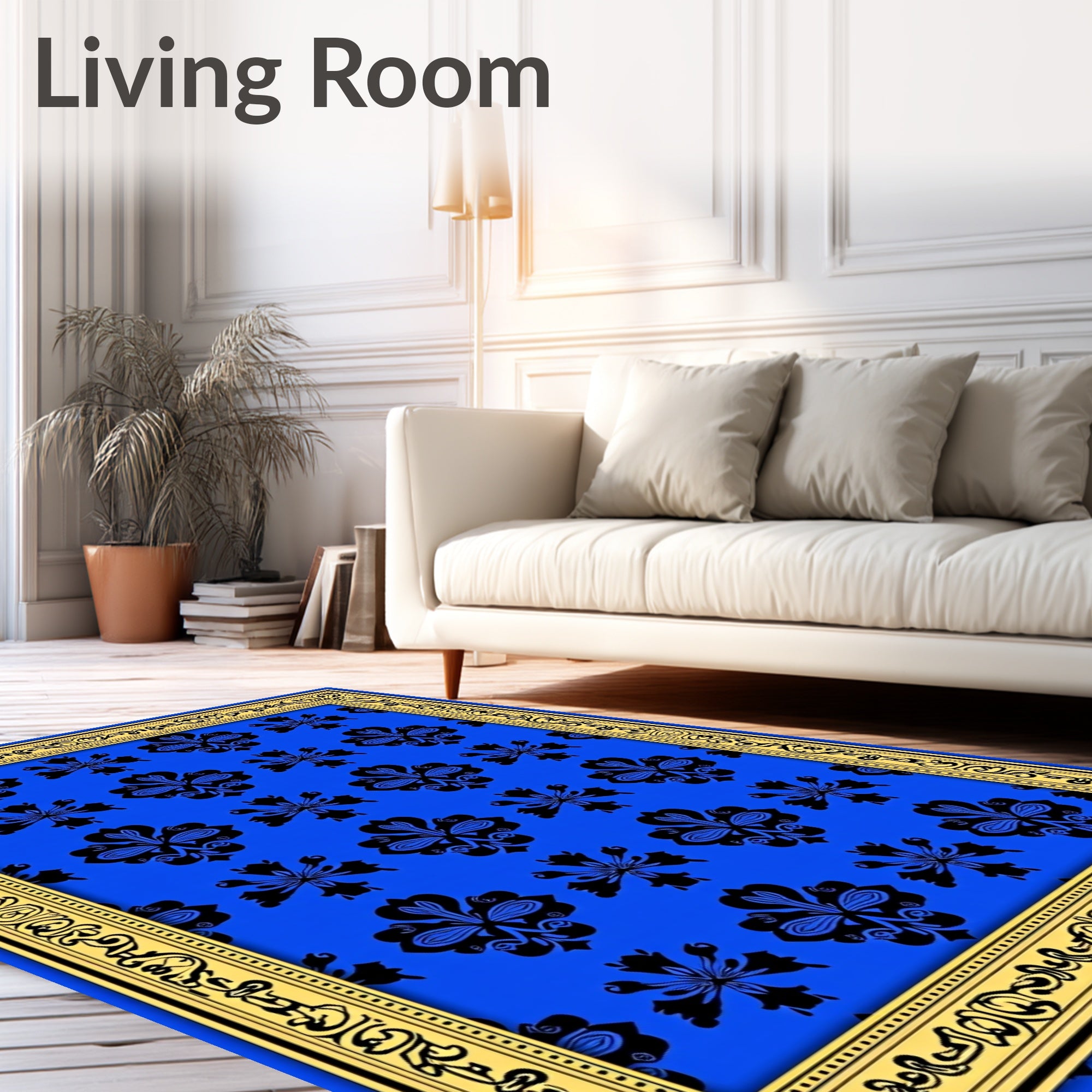 Bold Floral Motif Blue Gold Rug