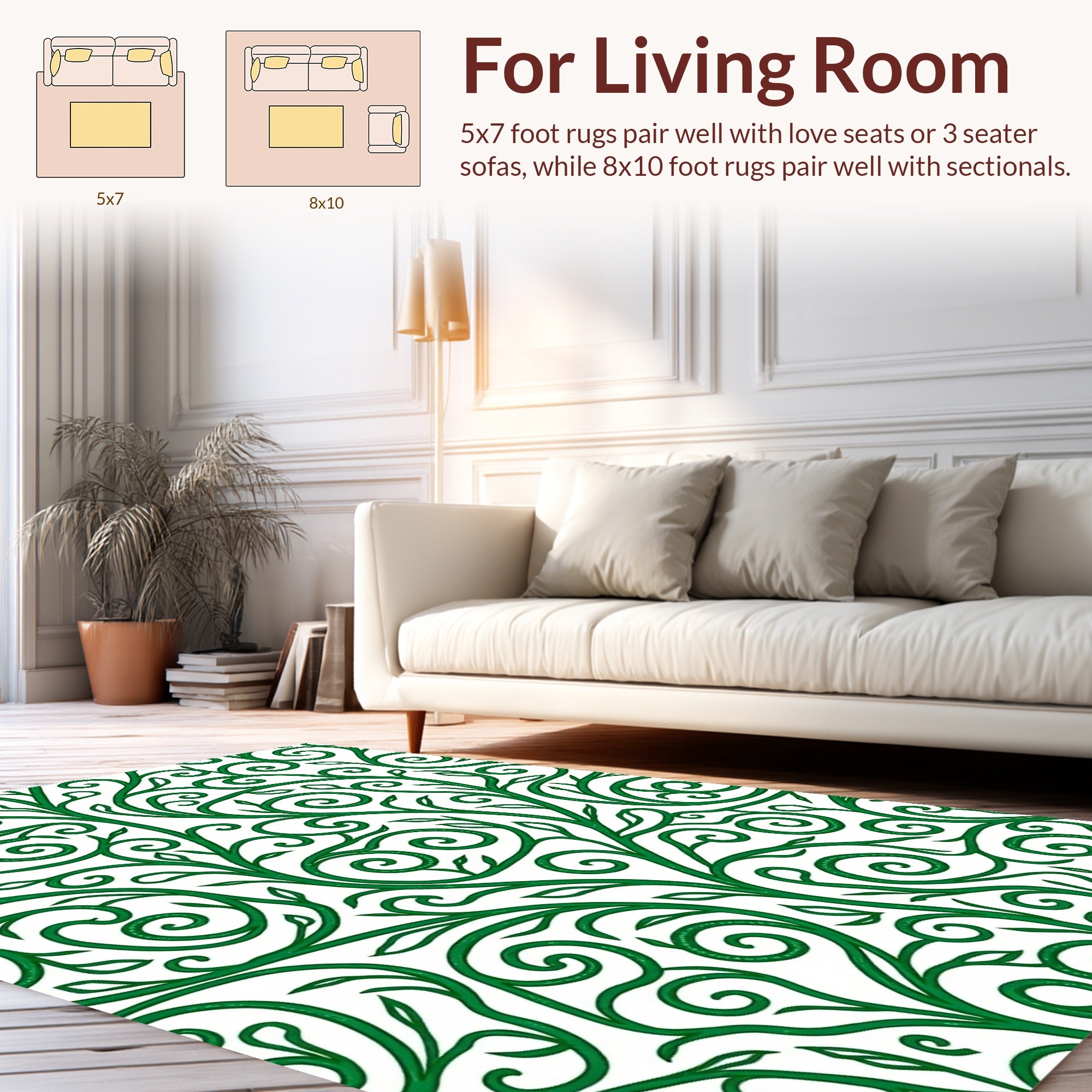 Green Swirling Vine Leaf Pattern Rug