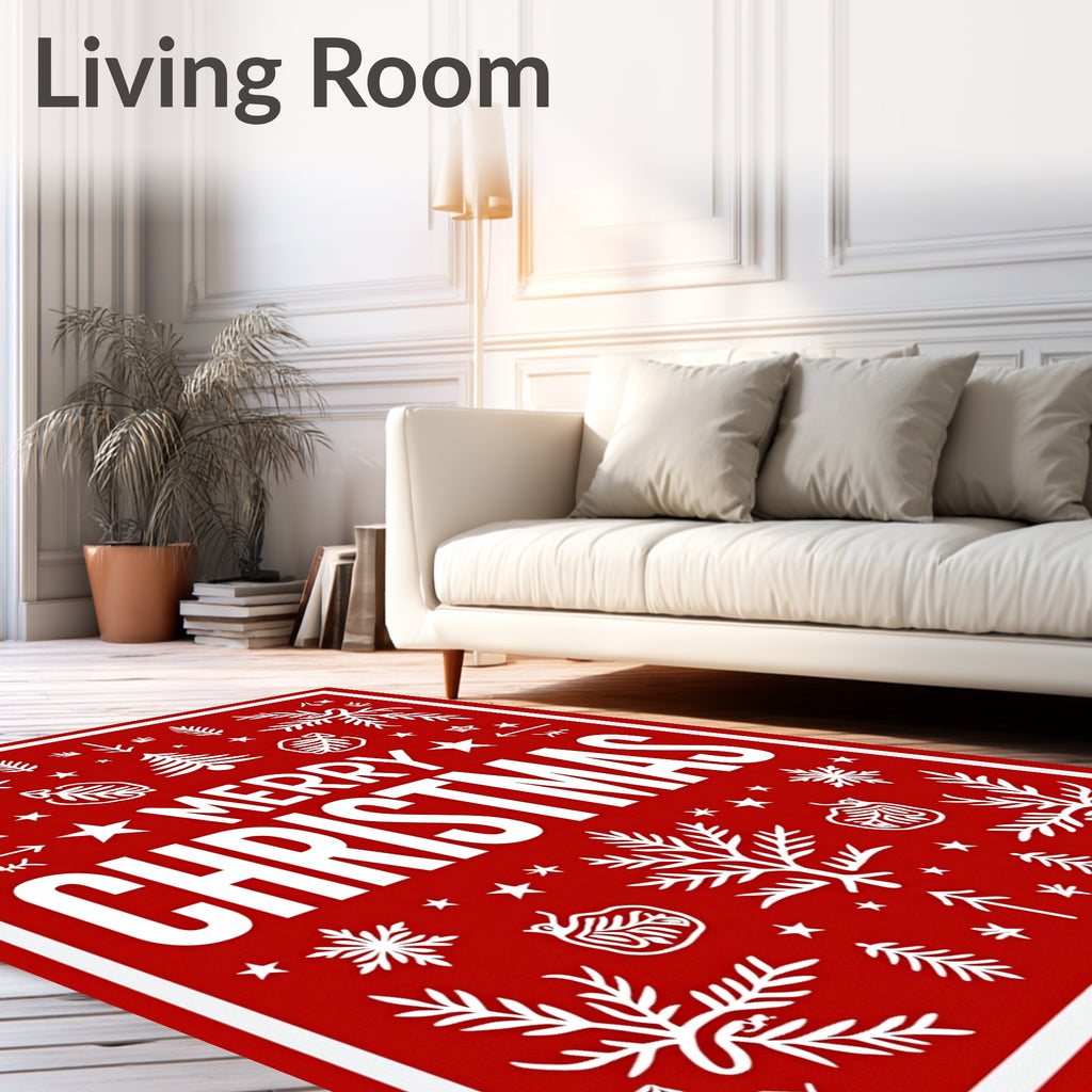 Festive Red Christmas Tree Snowflake Design Rug